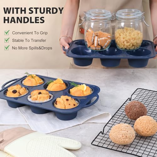 Vnray Jumbo Silicone Muffin Pan with Metal Frame, Non Stick Silicone Cupcake Pan with Handles 6 Cup, BPA Free Silicon Muffin Tin Tray Extra Large for baking, egg bites, Cupcake Mold Grey