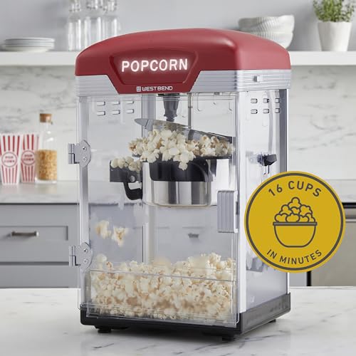 West Bend Stir Crazy Movie Theater Popcorn Popper, Popcorn Maker Machine with Nonstick Popcorn Kettle, Measuring Tool and Popcorn Scoop for Popcorn Machine, 4 Qt., Red
