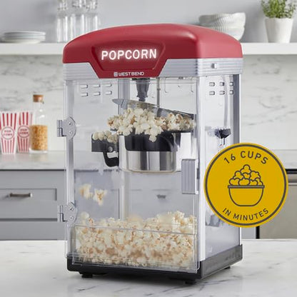 West Bend Stir Crazy Movie Theater Popcorn Popper, Popcorn Maker Machine with Nonstick Popcorn Kettle, Measuring Tool and Popcorn Scoop for Popcorn Machine, 4 Qt., Red