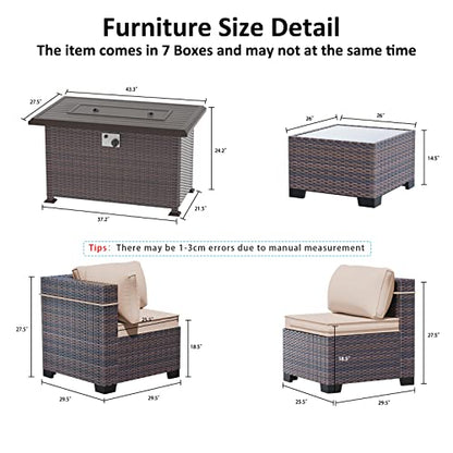 ASJMR Outdoor Patio Furniture Set with Gas Fire Pit Table, 13 Pieces Outdoor Furniture Set Patio Sectional Sofa w/43in 55000 BTU Propane Fire Pit, PE Wicker Rattan Patio Conversation Sets - Brown