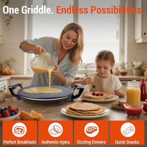 Mangoct 18.5” Electric Injera Maker, Mitad for Ethiopian Injera, Pancake Teff Maker, Electric Griddle with Lid, Non-Stick Surface, Easy to Clean, Adjustable Mechanical Knob Control, Even Heating