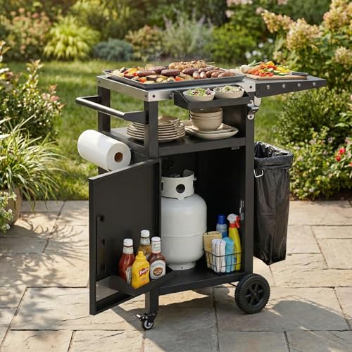 Casaphoria 33.9" Outdoor Kitchen Island BBQ Grill Cart, Stainless Steel Countertop Bar Cart with Folding Table,2 Lockable Wheels, Storage Cabinet, Spice Rack, Paper Towel Holder for Patio Lawn Garden