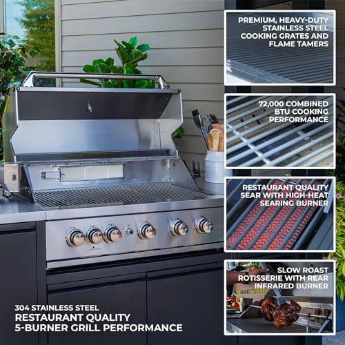 Backyard Discovery Fusion Flame Galvanized Steel Covered Outdoor Kitchen with 5-Burner Stainless, Grill, Refrigerator, Countertop, Storage, and, Roof for All-Season Outdoor Cooking, electric