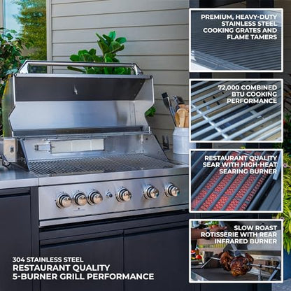 Backyard Discovery Fusion Flame Galvanized Steel Covered Outdoor Kitchen with 5-Burner Stainless, Grill, Refrigerator, Countertop, Storage, and, Roof for All-Season Outdoor Cooking, electric