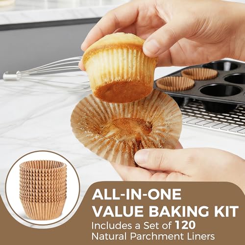 HONGBAKE Muffin Pans with 120 Natural Parchment Liners, Nonstick Cupcake Baking Tray for Oven, Premium Standard Size, 12 Cup, 2 Pack, Dark Grey