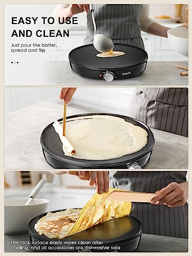 Crepe Maker Machine, Reemix Compact Pancake Griddle Precise Temperature Control, Nonstick 12” Electric Griddle, Batter Spreader for Eggs, Pancakes, Omelets and Quesadillas (Black)