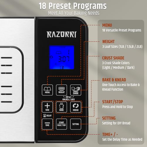Razorri Bread Maker Machine, 2LB 18-in-1 Programmable Stainless Steel Homemade Bread Machine with Gluten-Free, Auto Nut Dispenser, 15H Delayed-start, 1H Keep Warm, 3 Crust Colors and 3 Loaf Sizes