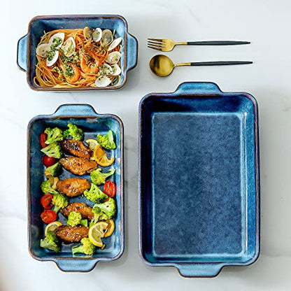 KOOV Bakeware Set, Ceramic Baking Dish, Rectangular Casserole Dish, Lasagna Pan, Baking Pans for Cooking, Cake Dinner, Kitchen, 9 x 13 Inches, Reactive Glaze 3-Piece (Nebula Blue)