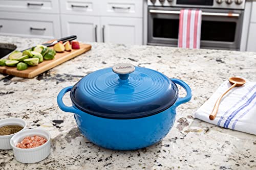 Lodge Essential Enamel Cast Iron Dutch Oven with Lid - 4.5 Quart - Oven-Safe Enamel Cookware up to 500° F - Heat-Retaining Braising & Roasting Pot - Non-Toxic Cookware - Caribbean Blue