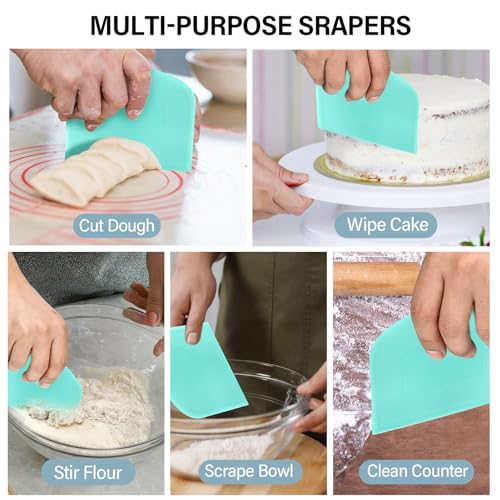 Ecavria Bench Scraper, Premium Stainless Steel Dough Scraper with 2 PCS Flexible Bowl Scraper, Dough Cutter with Measuring Scale, Versatile Kitchen Scraper Set for Pastry Bread Pizza Cake