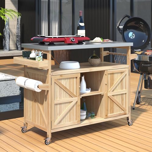 FUvellamo 50.25'' Rolling Outdoor Kitchen Island with Stainless Steel Top and Storage Cabinet, Farmhouse Outdoor Grill Table with Towel Rack for Kitchen BBQ, Natural