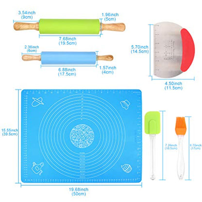 Ewinever 1Set Rolling Pin Pastry Mat Set Non-Stick 6 in 1 Dough Roller Baking Kit with Pastry Cutter Reusable Kneading Mat Scraper Basting Brush
