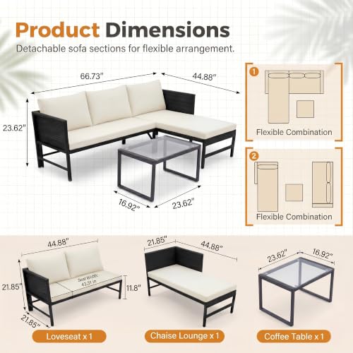 HOMEZILLIONS 3 Pieces Wicker L-Shaped Outdoor Sectional – Patio Couch Set with Tempered Glass Table, Small Rattan Loveseat for Balcony, Deck, Porch, Weatherproof & Easy Clean