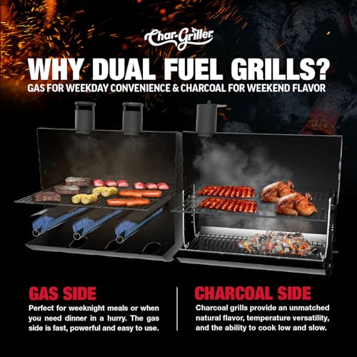 Char-Griller® Texas Trio 3-Burner Gas & Charcoal Grill and Smoker, Push Button to Ignite, Dual temperature Guages, Side Burner, Includes Side Firebox, 1,390 Cooking Square Inches, Black, Model# 3070