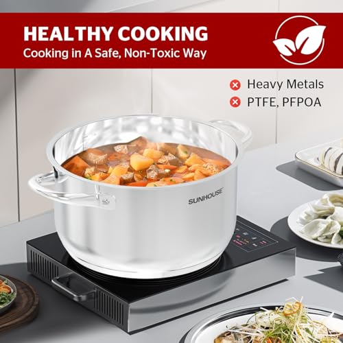 Sunhouse Stock Pot with Lid - 16 QT Large Pot for Cooking Pasta, Soup, Spaghetti - Impact Bonding Base Big Stainless Steel Pots for Canning, Boiling - Oven Safe & Induction Compatible Cookware