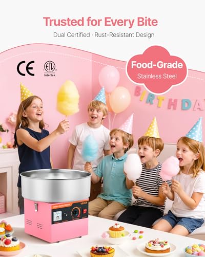 VEVOR Cotton Candy Machine Commercial, 1000W Electric Candy Floss Maker, Easy Use with 15 inch Stainless Steel Bowl and Sugar Scoop, Makes Hard Candy for Home Kids Birthday, Family Party, Pink