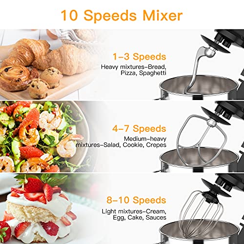 Garvee 7.5 QT Stand Food Mixer, 10-Speed Tilt Head 3 in-1 Kitchen Electric Mixer with Stainless Steel Bowl, Egg Whisk, Dough Hook, Beater, Splash Guard, Compact Dough Mixer for Home Cooks, Black