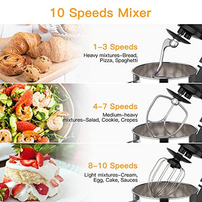 Garvee 7.5 QT Stand Food Mixer, 10-Speed Tilt Head 3 in-1 Kitchen Electric Mixer with Stainless Steel Bowl, Egg Whisk, Dough Hook, Beater, Splash Guard, Compact Dough Mixer for Home Cooks, Black