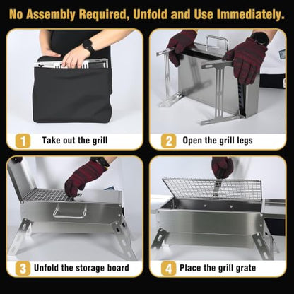 Zarkind Portable Tabletop Charcoal Grill, Foldable Stainless Steel Mini BBQ Grill with Carry Bag, Lightweight Small Camping Picnic Travel Tailgating Patio Grill