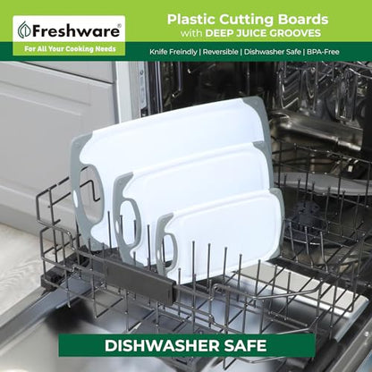 Freshware Cutting Boards for Kitchen, Chopping Board 3-Pack with Different Sizes, Juice Grooves and Non Slip Handles - Reversible, Large Cutting Board Set - Dishwasher Safe - Gray