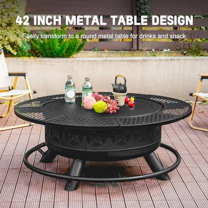 Verdeluxe 42 Inch BBQ Fire Pit with 2 Grills,3-in-1 Outdoor Round Metal Fire Pit Table with Lid,Fire Poker,Large Outdoor Wood Burning Firepits for Outside,Picnic,Bonfire Backyard Patio(Black)