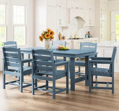 SERWALL 7-Piece Patio Dining Table Sets, Outdoor HDPE Dining Furniture Set with Umbrella Hole Cut-Out Table and 6 Chairs, Blue