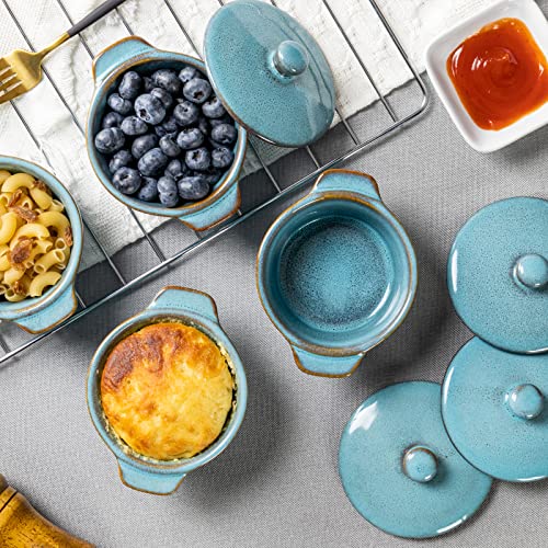 Creme Brulee Ramekins 8 oz with Lids, Oven Safe Bowls for French Onion Soup - Souffle Dish, Mini Covered Casserole Dish, Pot Pie Baking Dishes Set of 4, Reactive Blue