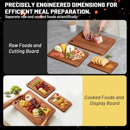 Lacusmall Bamboo Cutting Board for Kitchen, 3Pcs Thickened Wooden Cutting Board Set with Deep Juice Groove, Built-in Handles Durable Chopping Boards for Separating Meat, Vegetables, Fruits, Ideal Gift