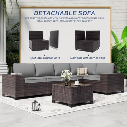 ASJMR Outdoor Patio Furniture Set with Fire Pit Table, 13 Pieces Outdoor Furniture Set Patio Sectional Sofa w/43in Propane Fire Pit, PE Wicker Rattan Patio Conversation Sets - Grey