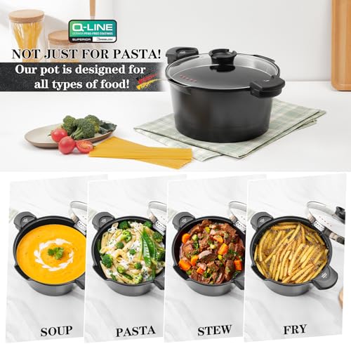 8.5qt Pasta Pot with Strainer Lid, Cast Aluminum Stockpot Multipot, Nonstick Ceramic Coating make Cleanup easy with Tempered Glass Lid, Dishwasher Safe, Induction, Black (Black, 8.5 Quarts)