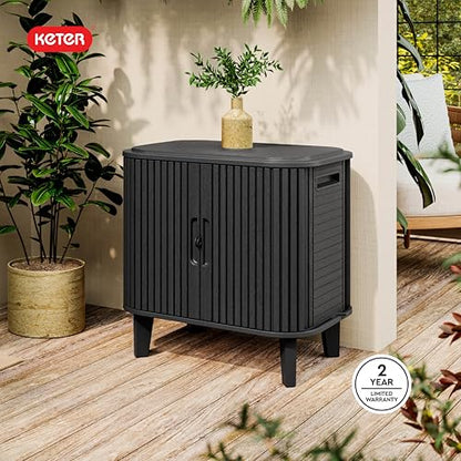 Keter Velo 30 Gallon Outdoor Storage Cabinet, Weather-Resistant Resin Deck Box with Steel Reinforcement, Lockable, Wood-Look Finish, Graphite