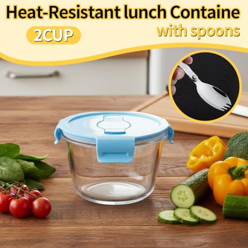 S.ROKE TTAN 2 Cup Round Glass Soup Container with Lids and Spoons, 16oz Round Food Containers set, BPA-Free Small Borosilicate Glass Meal Prep Bowls for Leftover, Office. Oven, Freezer Safe (4 Pack)