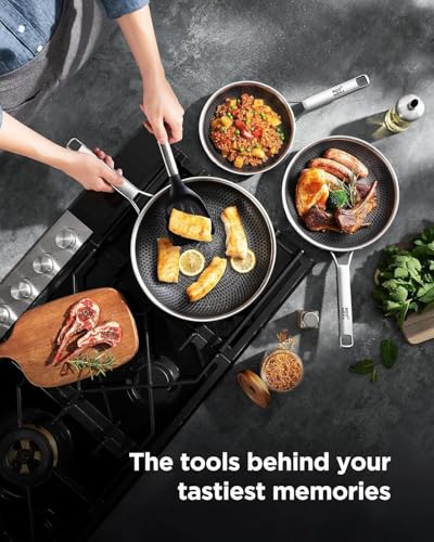 Frying Pans Non Stick, Hybrid Ceramic With Lid, 12 Inch Tri-Ply Stainless Steel Skillet, Non-Toxic, PFAS/PFOA/PTFE Free, Metal Utensil Safe, Dishwasher & Oven Safe