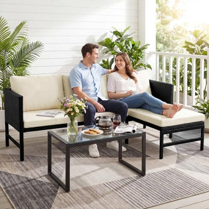 HOMEZILLIONS 3 Pieces Wicker L-Shaped Outdoor Sectional – Patio Couch Set with Tempered Glass Table, Small Rattan Loveseat for Balcony, Deck, Porch, Weatherproof & Easy Clean