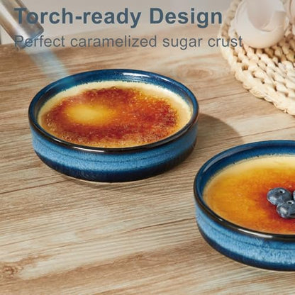 ONEMORE 4 oz Ramekins Oven Safe, Ceramic Ramekins for Creme Brulee, Custard, Pudding, Souffle, Blue Shallow Ramekin Dishes, Small Porcelain Ramekin Set of 6 for Baking & Serving