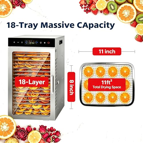 Dehydrator 18Tray, Dual Fan Food Dehydrator Machine 800W Fast Drying, 24H Timer, 86-194℉ Temperature Control, 45dB Low Noise, LED Panel, Stainless Steel Dehydrator for Food and Herbs, Jerky Meat Fruit