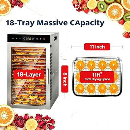 Dehydrator 18Tray, Dual Fan Food Dehydrator Machine 800W Fast Drying, 24H Timer, 86-194℉ Temperature Control, 45dB Low Noise, LED Panel, Stainless Steel Dehydrator for Food and Herbs, Jerky Meat Fruit