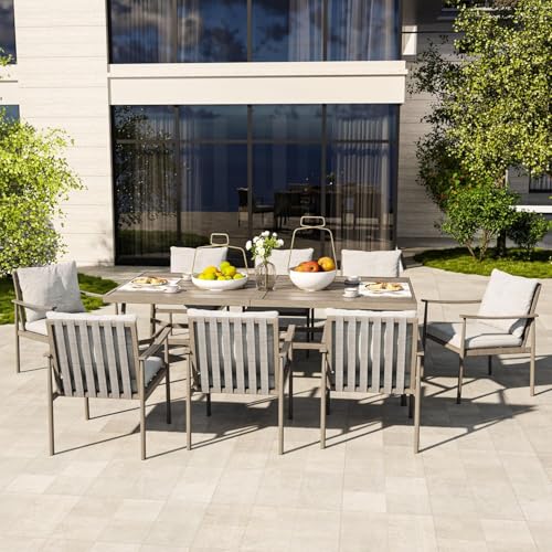 HAPPATIO 9-Piece Patio Table and Chairs Set for 8, Aluminum Outdoor Dining Set with Cushions, 8 Dining Chairs, 1 Large Rectangular Table with Umbrella Hole for Lawn, Porch, Backyard, Grey