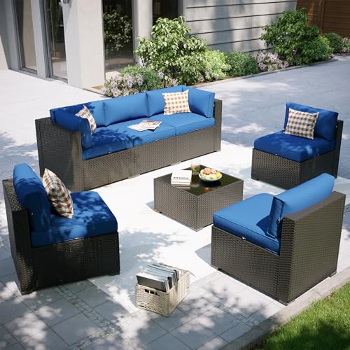 Aoxun Patio Furniture Set, 7 Piece Outdoor Sectional Sofas with Think Cushions, Wicker Rattan Outdoor Furniture Patio Conversation Set for Backyard, Garden Navy Blue