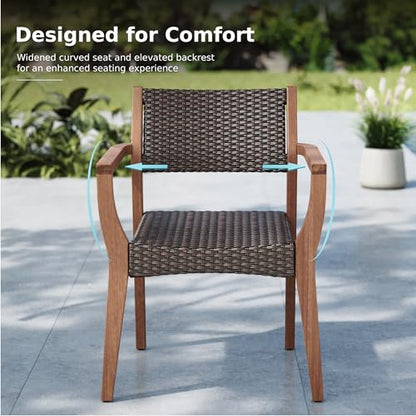MFSTUDIO Teak Outdoor Dining Set for 8, Outdoor Wood Table and Chairs, 9 Pieces Outdoor Dining Table Set with Rattan Chairs, Wood Patio Dining Furniture Expandable Table for 8