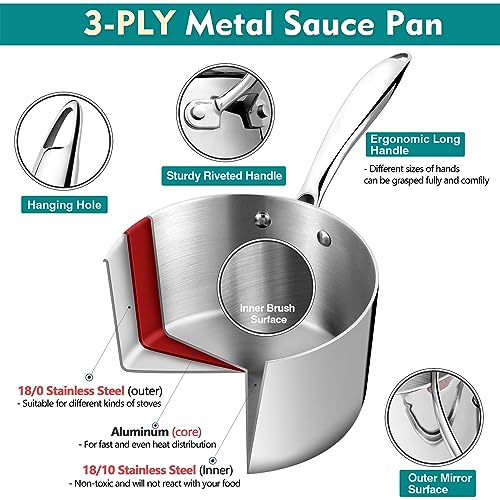 P&P CHEF 1 Quart Tri-Ply Stockpot and Saucepan, Stainless Steel Sauce Pan with Lid, Cooking Induction Pot, Kitchen Cookware for All Stoves, Non-Toxic, Sturdy & Dishwasher Safe, 1 Piece
