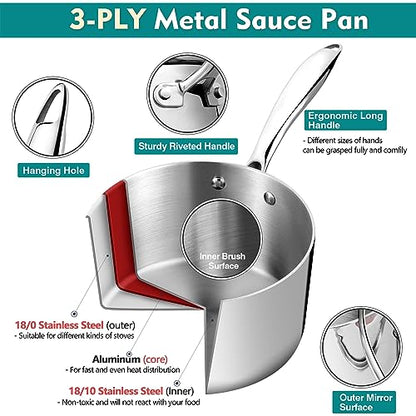P&P CHEF 1 Quart Tri-Ply Stockpot and Saucepan, Stainless Steel Sauce Pan with Lid, Cooking Induction Pot, Kitchen Cookware for All Stoves, Non-Toxic, Sturdy & Dishwasher Safe, 1 Piece