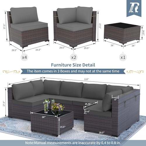 RTDTD 7 Pieces Outdoor Patio Furniture Set,Outdoor Sectional Furniture All Weather PE Rattan Wicker Patio Conversation Set with Coffee Table and 6 Thickened Cushions,Grey