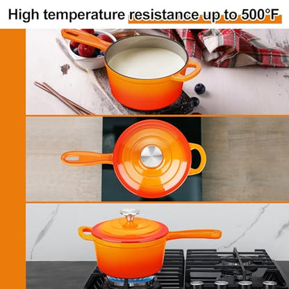 Enameled Cast Iron Sauce Pan with Lid, Leonyo 1 Quart Saucepan with Lid, Small Cast Iron Dutch Oven Kitchen Cookware Pot for All Cooktops Making Pasta, Soup, Milk - Up to 500°F & 4.4Lbs, Orange