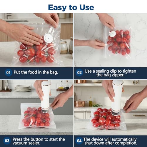 Compact Vacuum Sealer for Food with Visible Tank, Handheld Vacuum Sealer Machine, Includes 30 Reusable Bags, Seal Food 6X Fresh Longer, Wireless & Portable, Suitable for Kitchen and Travel, White