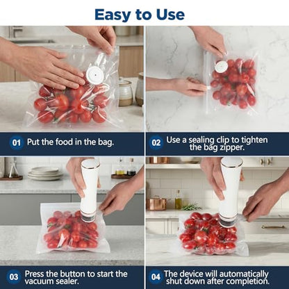 Compact Vacuum Sealer for Food with Visible Tank, Handheld Vacuum Sealer Machine, Includes 30 Reusable Bags, Seal Food 6X Fresh Longer, Wireless & Portable, Suitable for Kitchen and Travel, White