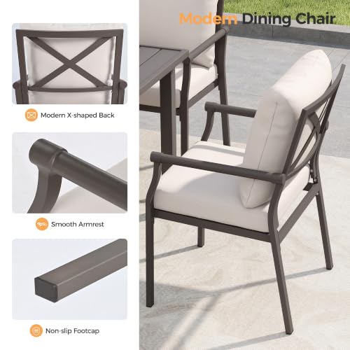 HAPPATIO Patio Dining Set, Metal Outdoor Table and Chairs Set for 8, Powder-Coated Metal Chairs with Thickened Cushions, 60" Rectangular Table with 1.5" Umbrella Hole for Deck Yard Lawn