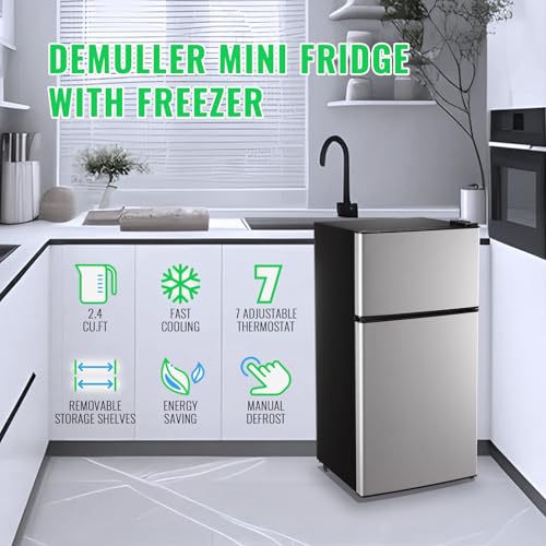 DEMULLER Mini Fridge with Freezer, 45L Personal Refrigerator Only for One Person Use, Silver Tiny Small Size Refrigerator with 7 Level Adjustable Temperature and Double Door