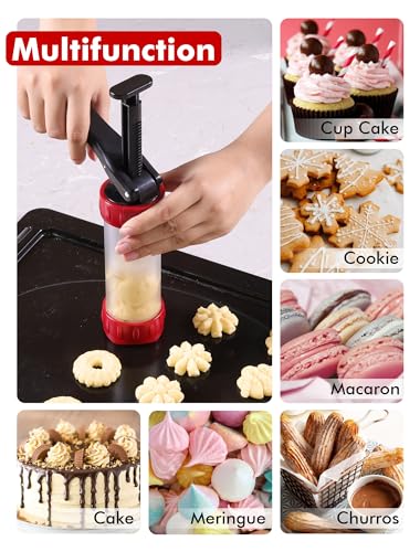 Cookie Press Set, Churro Maker with 12 Discs and 10 Cake Decorating Tips, Cookie Press for Biscuit and Churro, Red