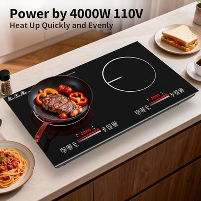 VBGK 2 burner Induction cooktop,110V 4000Winduction hot plate with touch Control,9 Power Levels, Kids Lock & Timer,LED touch control 2ourner induction cooker